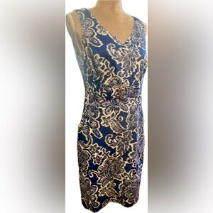 Elegant Blue and White Ikat Print Dress by Tahari